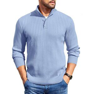 Men's Quarter Button Sweater Long Sleeve Stand Collar Sweater Knitted Light Blue